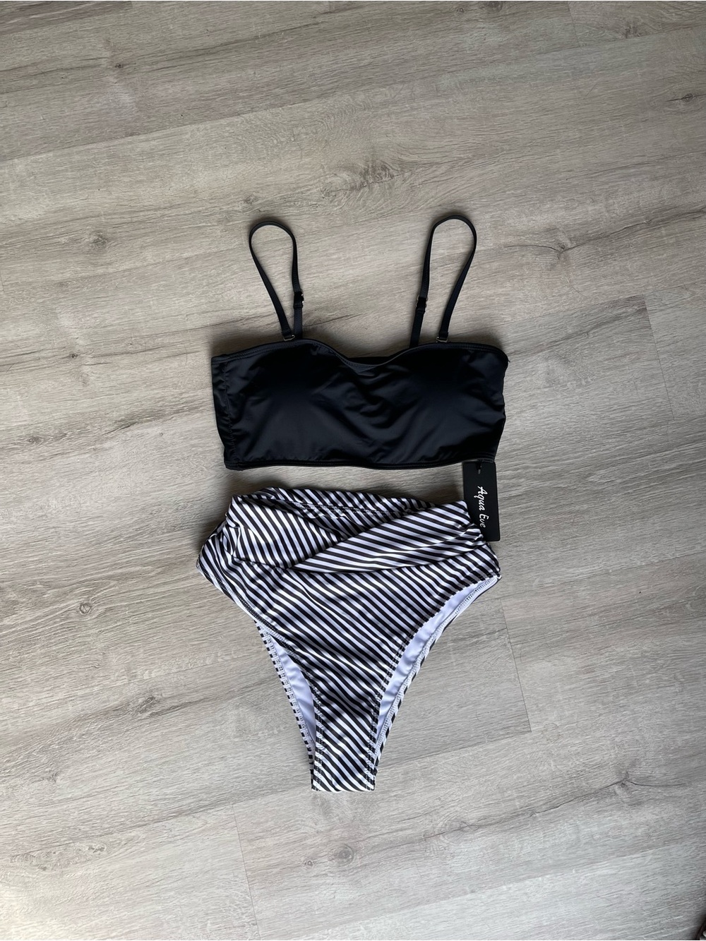 Black Bandeau Top with Black & White Striped High-Waist Bikini Bottoms
